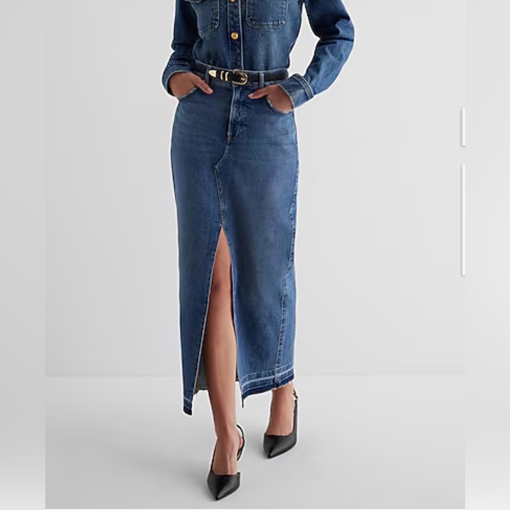 Express High Waisted Drop Hem Front Slit Maci Denim Skirt